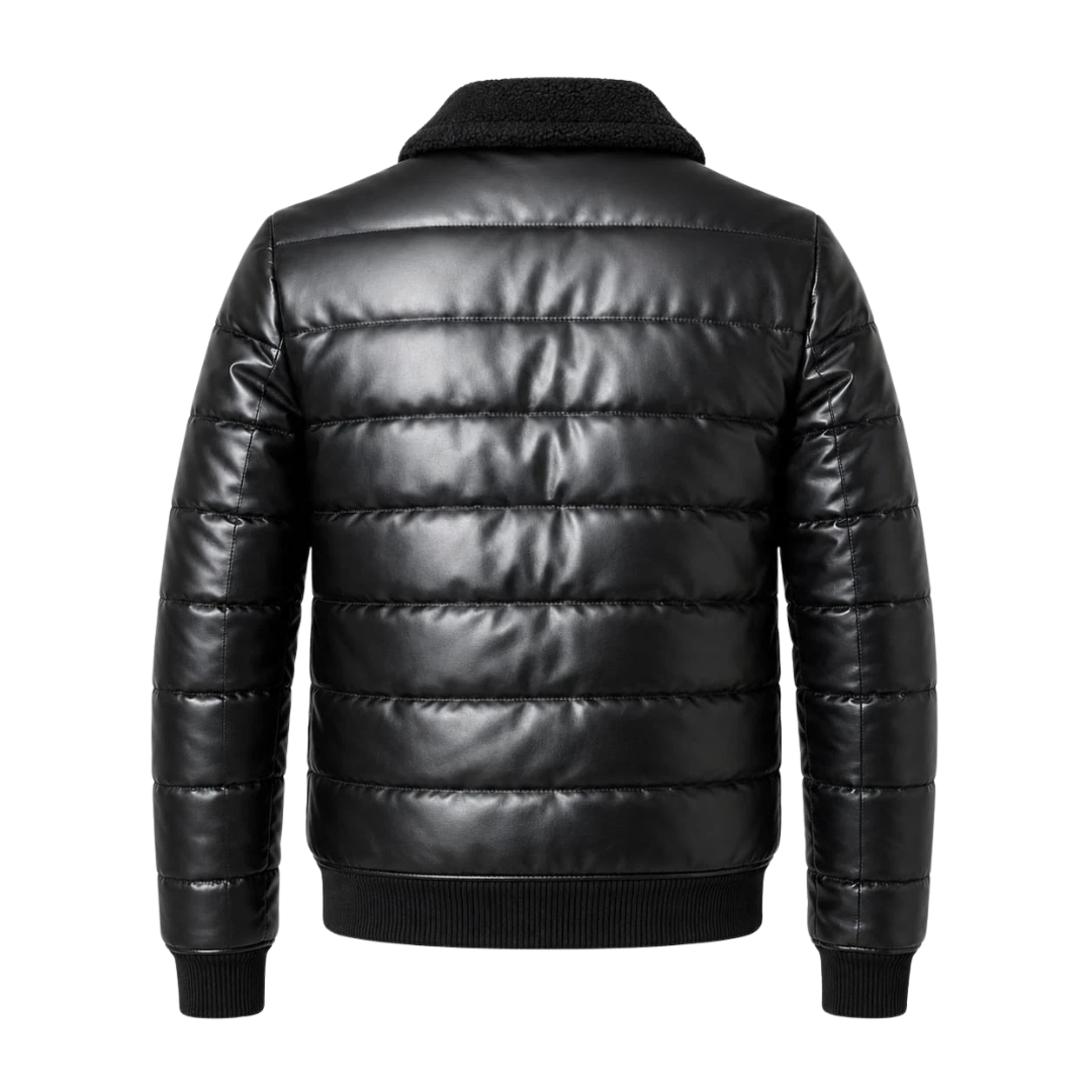 Clothing Hub Men's Black Leather Puffer Jacket Faux Fur Collar Winter Zip Bomber Coat