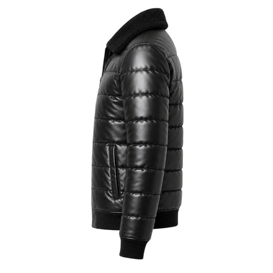 Clothing Hub Men's Black Leather Puffer Jacket Faux Fur Collar Winter Zip Bomber Coat