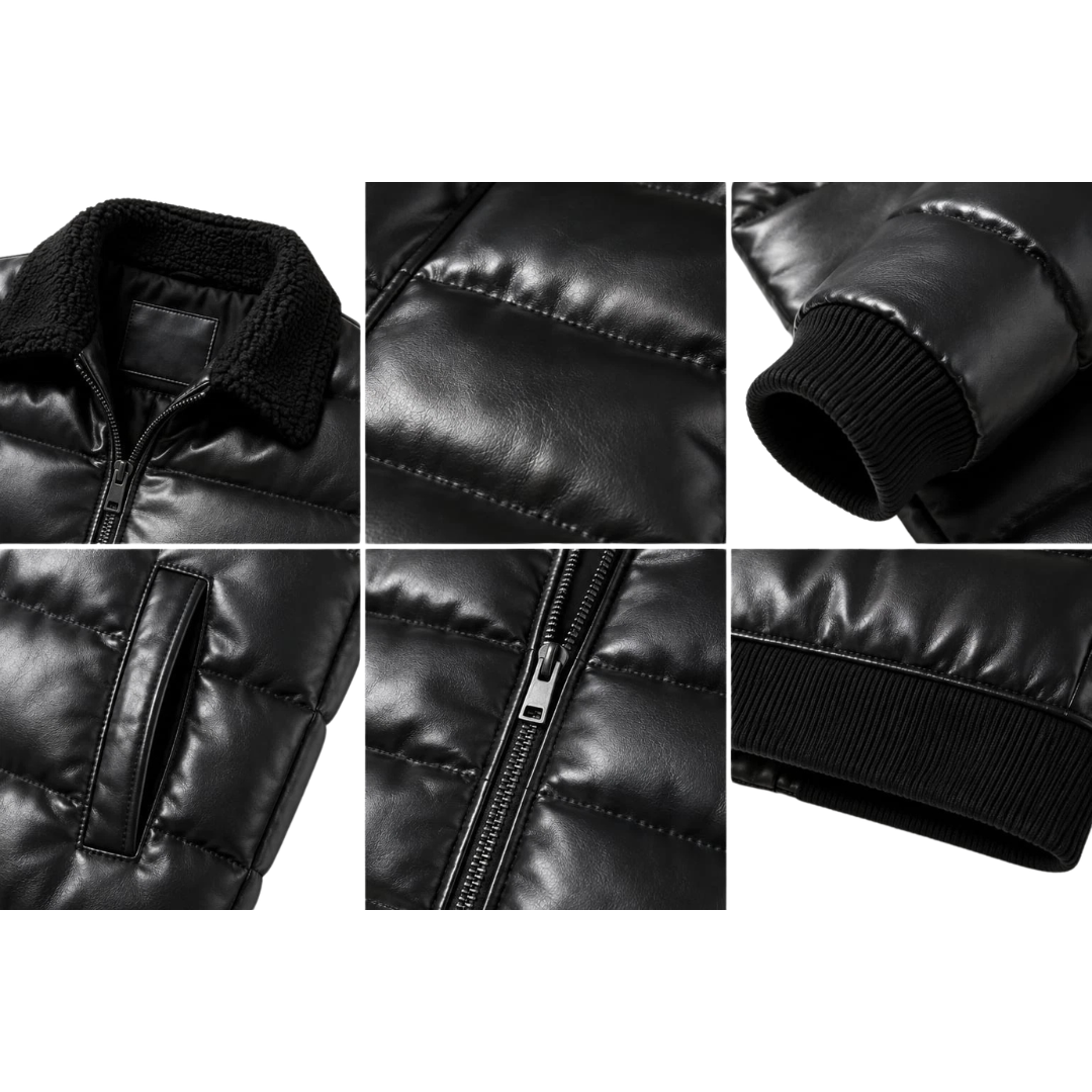 Clothing Hub Men's Black Leather Puffer Jacket Faux Fur Collar Winter Zip Bomber Coat
