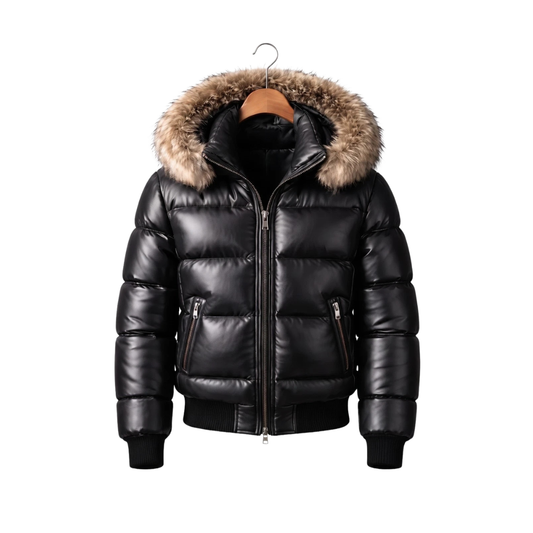 Clothing Hub Men's Black Leather Puffer Jacket Fur Hood Winter Bomber Coat