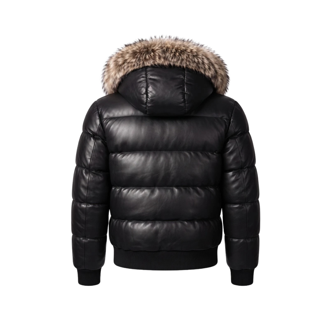 Clothing Hub Men's Black Leather Puffer Jacket Fur Hood Winter Bomber Coat