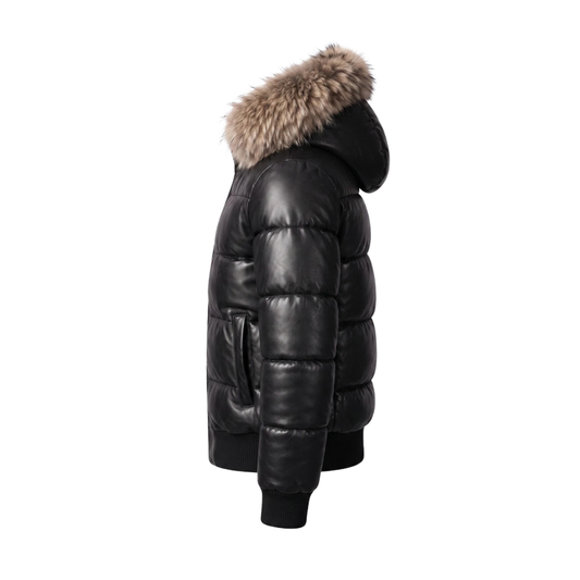 Clothing Hub Men's Black Leather Puffer Jacket Fur Hood Winter Bomber Coat