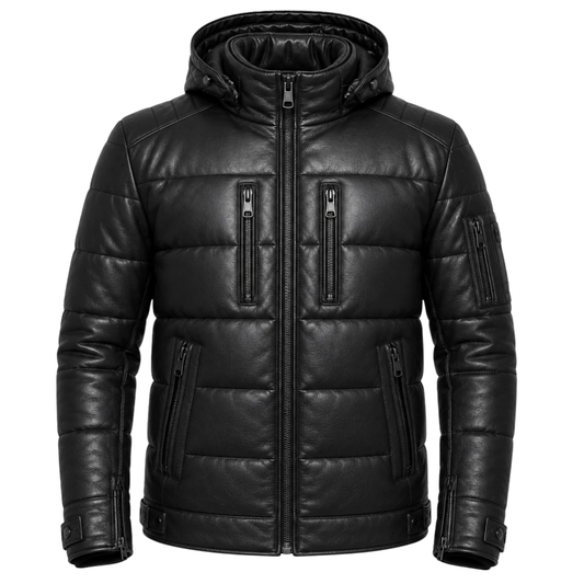 Clothing Hub Men's Black Leather Puffer Jacket Hooded Winter Coat