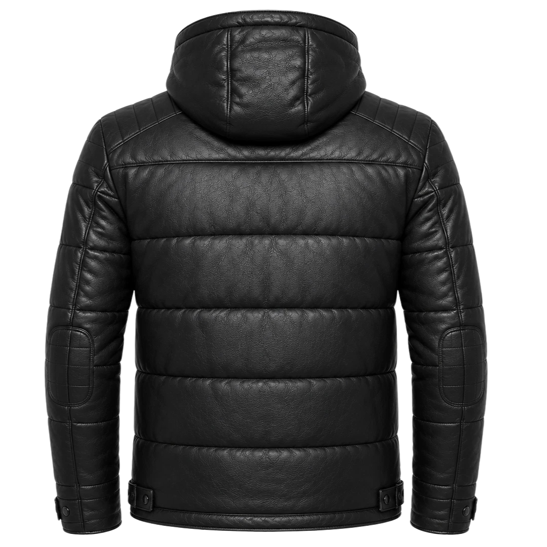 Clothing Hub Men's Black Leather Puffer Jacket Hooded Winter Coat