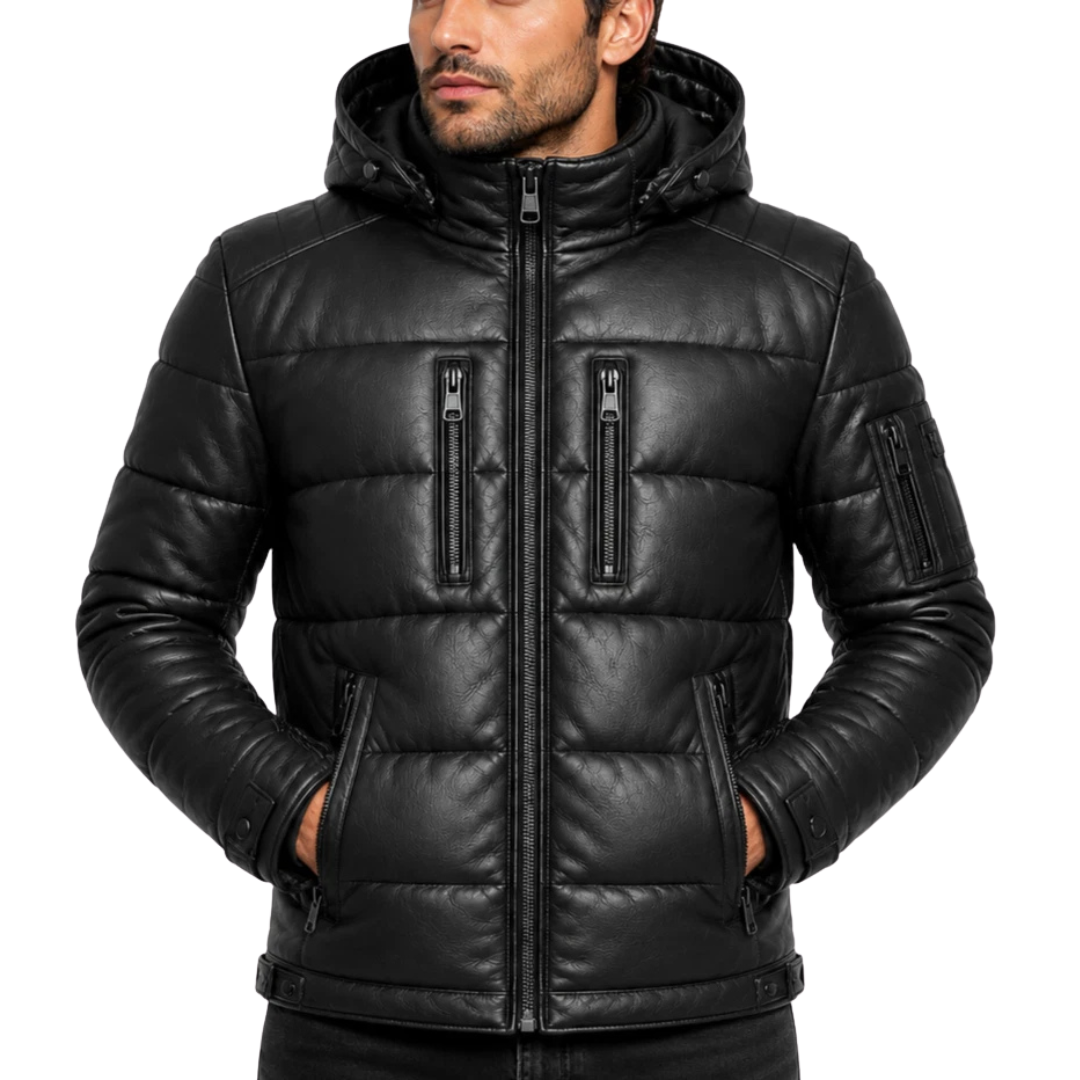 Clothing Hub Men's Black Leather Puffer Jacket Hooded Winter Coat