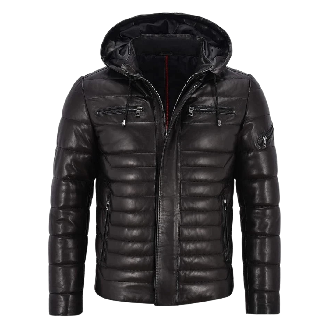 Clothing Hub Men's Black Leather Puffer Hooded Quilted Coat Jacket