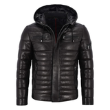 Clothing Hub Men's Black Leather Puffer Hooded Quilted Coat Jacket
