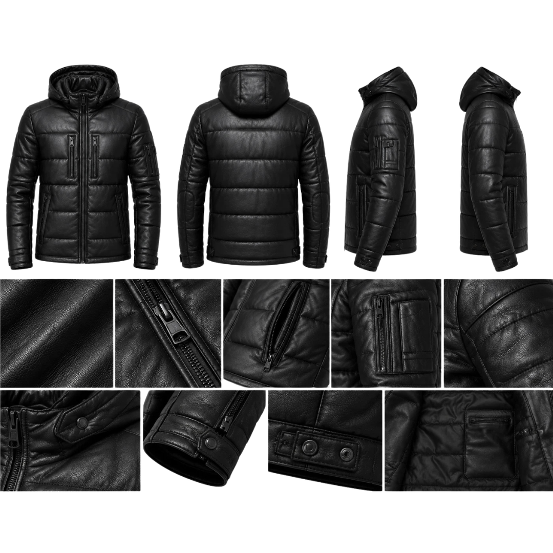 Clothing Hub Men's Black Leather Puffer Jacket Hooded Winter Coat