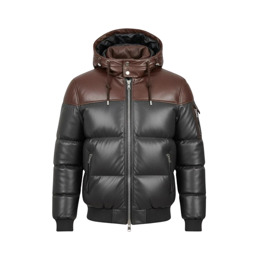 Clothing Hub Men's Two-Tone Leather Puffer Jacket with Hood