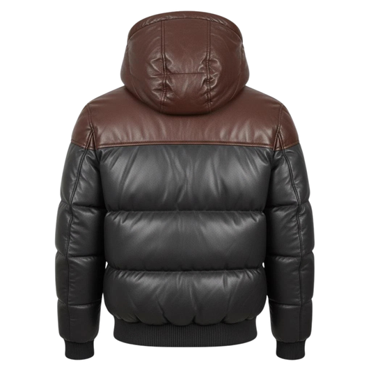 Clothing Hub Men's Two-Tone Leather Puffer Jacket with Hood