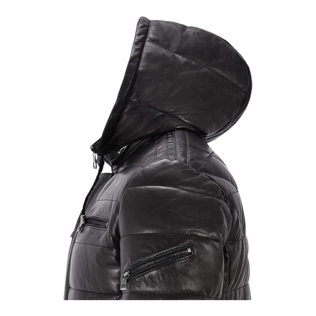 Clothing Hub Men's Black Leather Puffer Hooded Quilted Coat Jacket