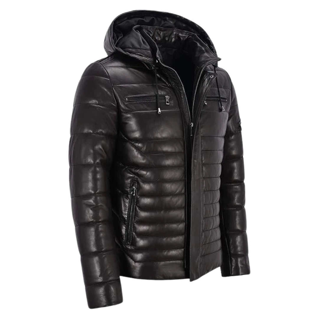 Clothing Hub Men's Black Leather Puffer Hooded Quilted Coat Jacket