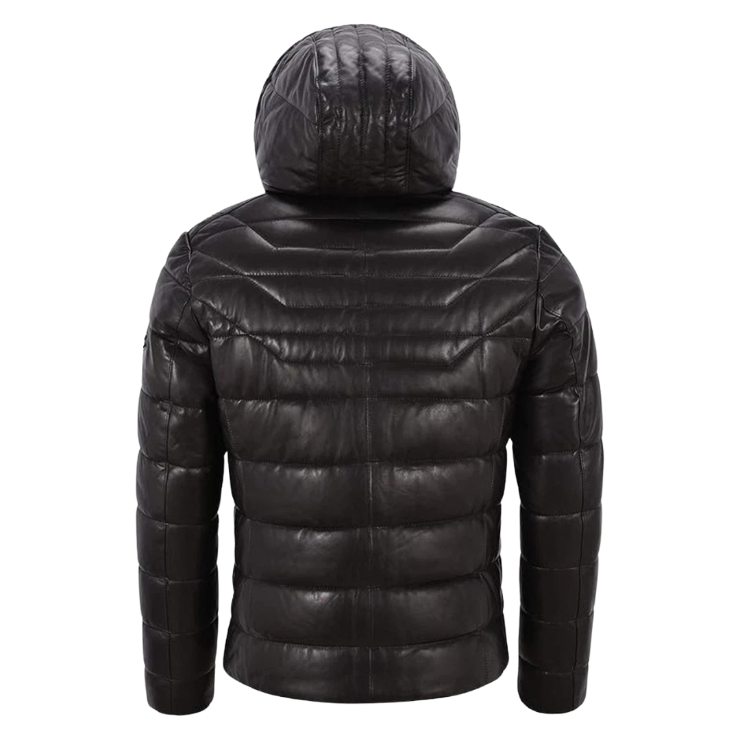 Clothing Hub Men's Black Leather Puffer Hooded Quilted Coat Jacket