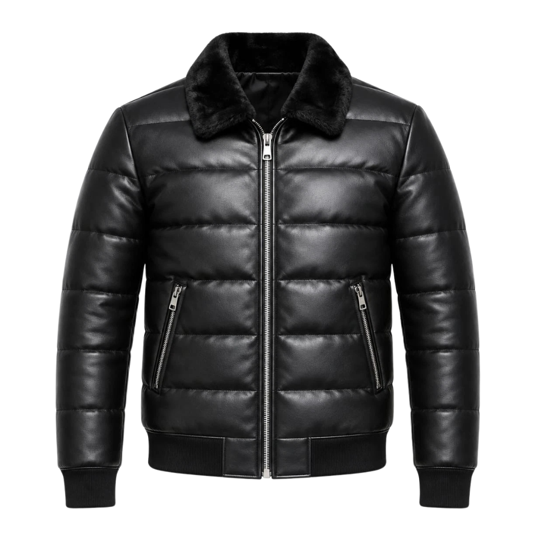 Clothing Hub Men's Black Leather Puffer Jacket Faux Fur Collar Winter Zip Bomber Coat